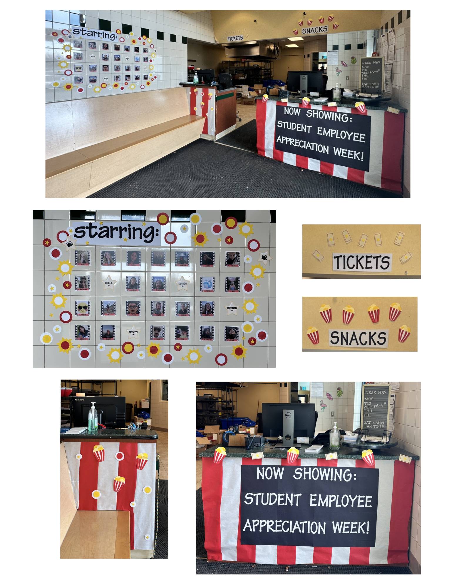 Front desk is covered in red and white stripe decorations and sign saying "Now Showing: Student Employee Appreciation Week!" There is a ticket area and snack area with popcorn decorations. There is a wall that says "Starring:" with photos of all their student employees
